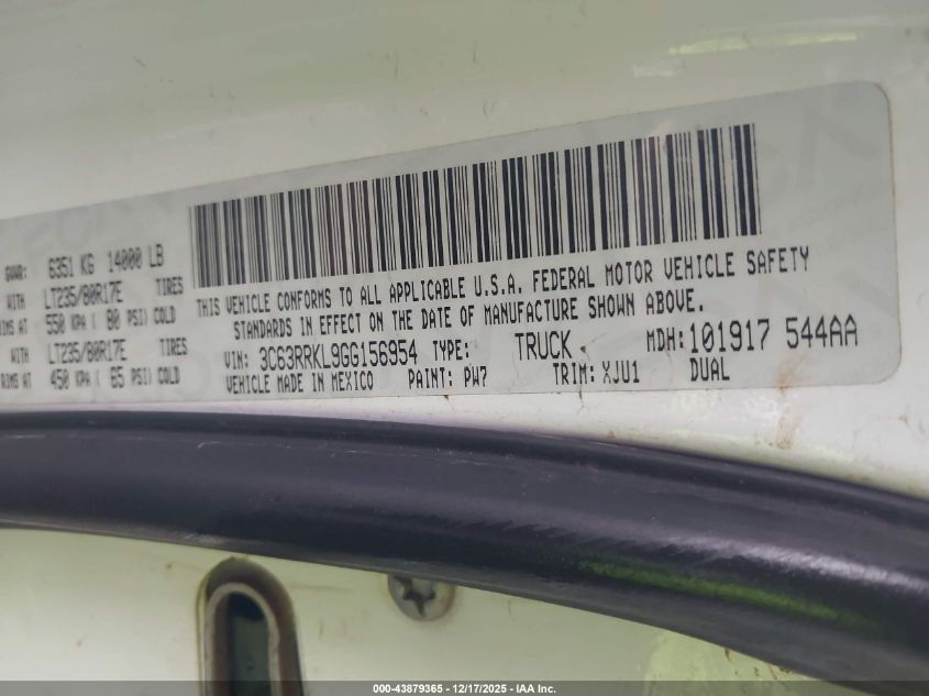 2016 Ram 3500 Longhorn VIN: 3C63RRKL9GG156954 Lot: 43879365