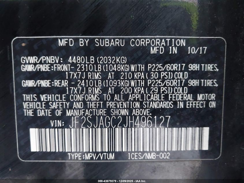 2018 Subaru Forester 2.5I Premium VIN: JF2SJAGC2JH496127 Lot: 43879379