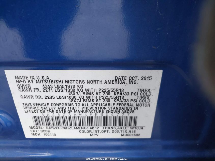2015 Mitsubishi Outlander Sport Es VIN: 4A4AR3AW4FE054727 Lot: 43879384