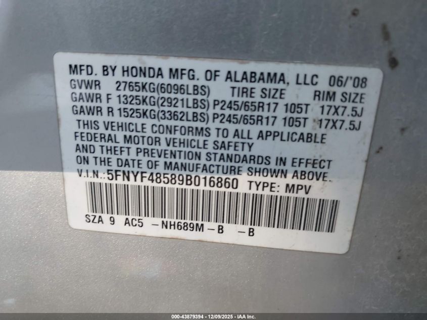 2009 Honda Pilot Ex-L VIN: 5FNYF48589B016860 Lot: 43879394