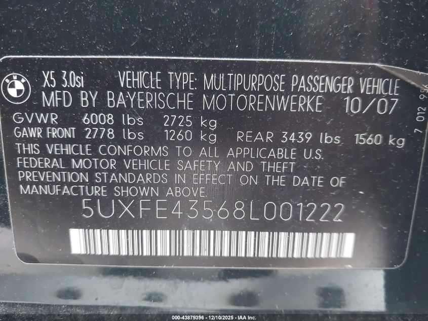 2008 BMW X5 3.0Si VIN: 5UXFE43568L001222 Lot: 43879396
