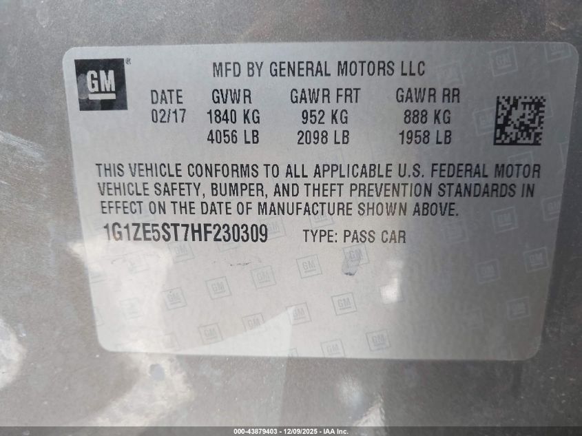 2017 Chevrolet Malibu 1Lt VIN: 1G1ZE5ST7HF230309 Lot: 43879403
