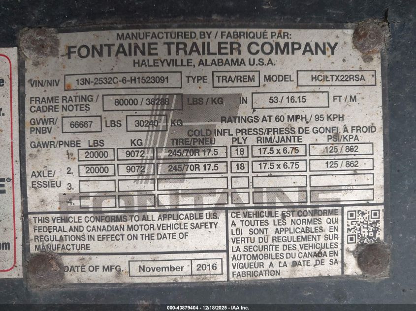 2017 Fontaine Trailer Co Unknown VIN: 13N2532C6H1523091 Lot: 43879404