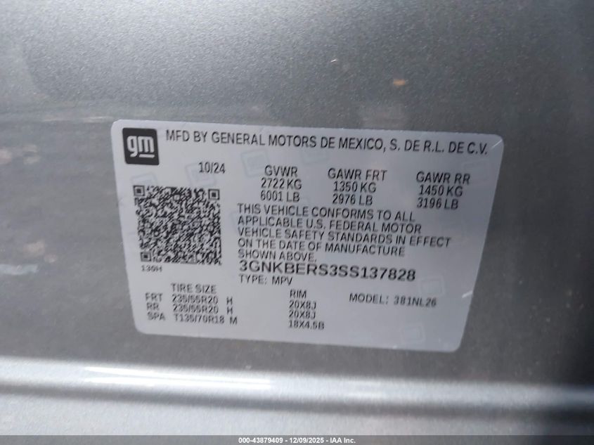 2025 Chevrolet Blazer Fwd Rs VIN: 3GNKBERS3SS137828 Lot: 43879409