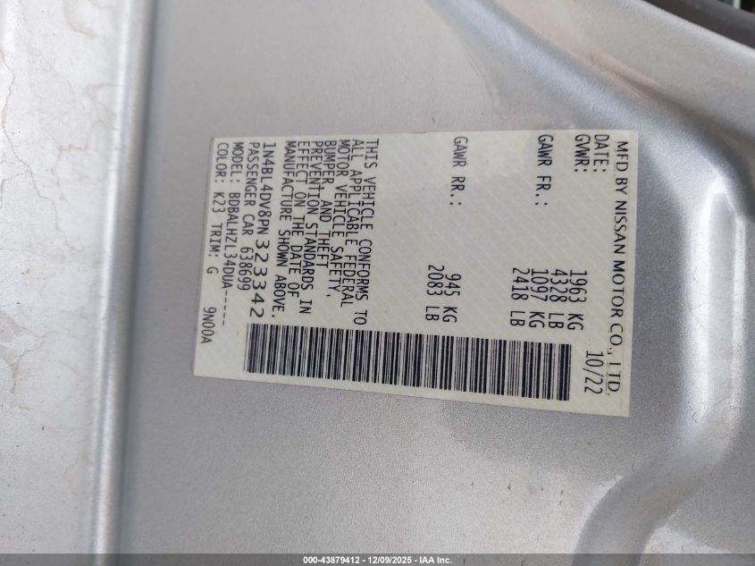 2023 Nissan Altima Sv Fwd VIN: 1N4BL4DV8PN323342 Lot: 43879412