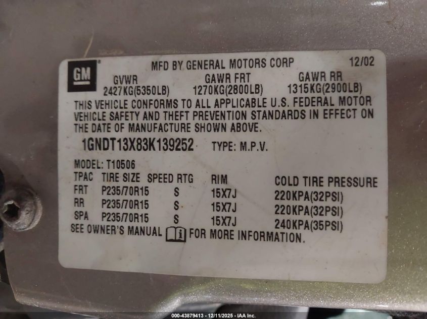 2003 Chevrolet Blazer Ls VIN: 1GNDT13X83K139252 Lot: 43879413