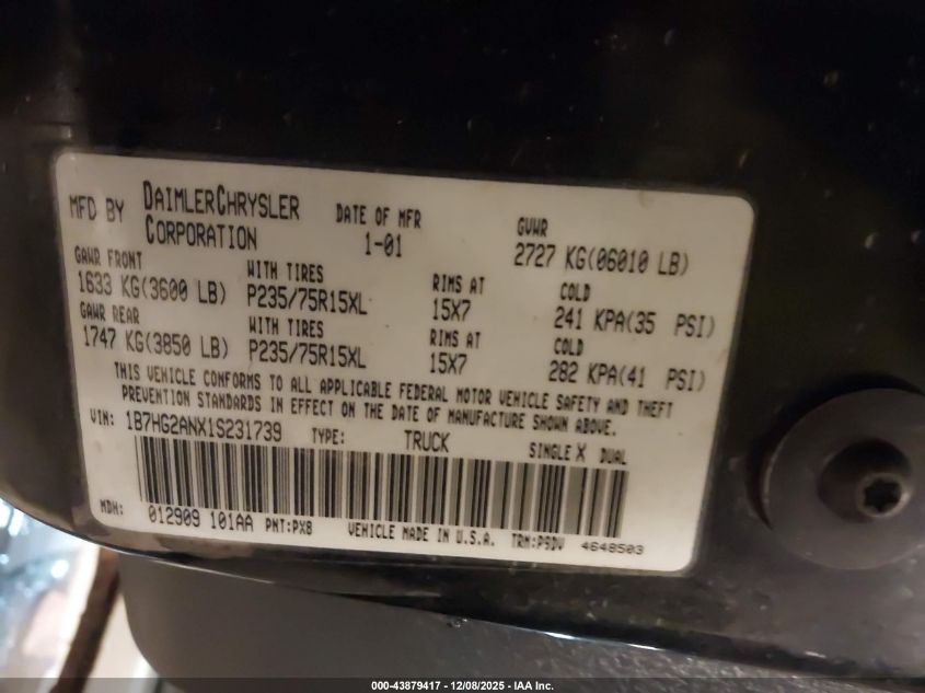2001 Dodge Dakota Slt/Sport VIN: 1B7HG2ANX1S231739 Lot: 43879417