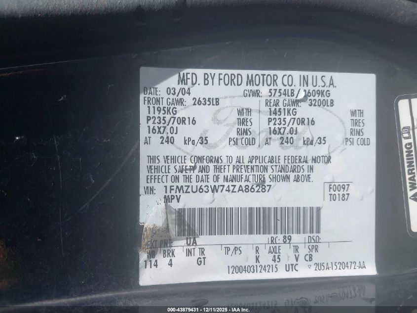 2004 Ford Explorer Xlt VIN: 1FMZU63W74ZA86287 Lot: 43879431