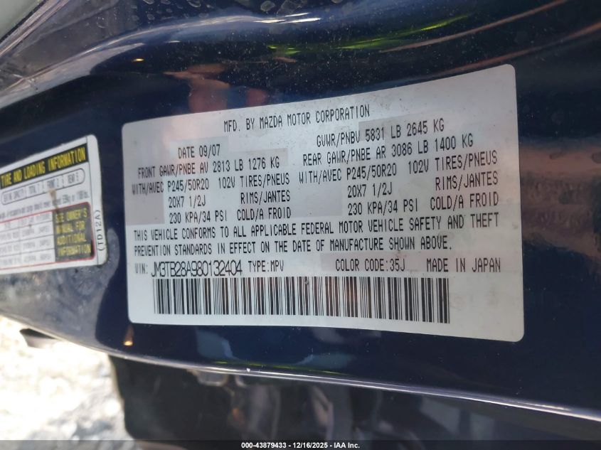 2008 Mazda Cx-9 Grand Touring VIN: JM3TB28A980132404 Lot: 43879433