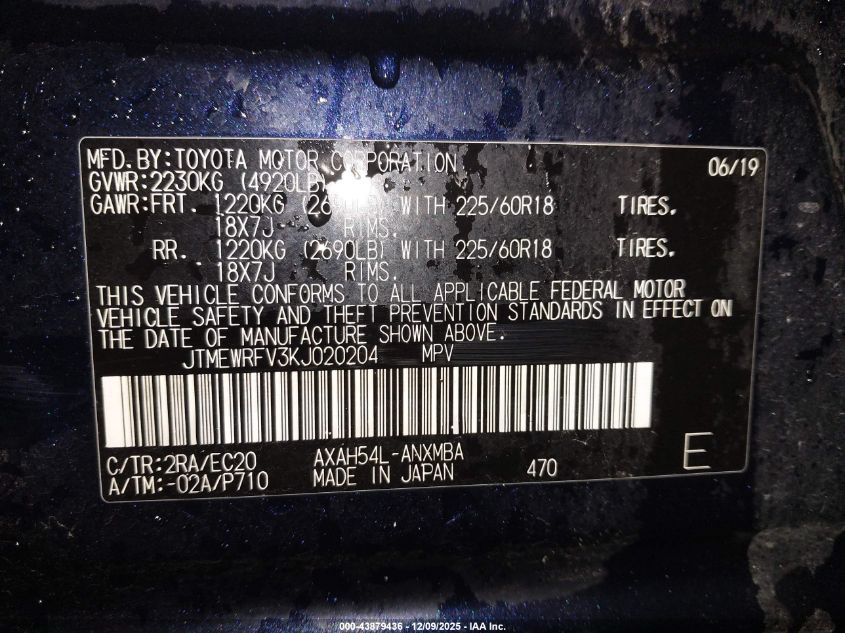 2019 Toyota Rav4 Hybrid Xse VIN: JTMEWRFV3KJ020204 Lot: 43879436