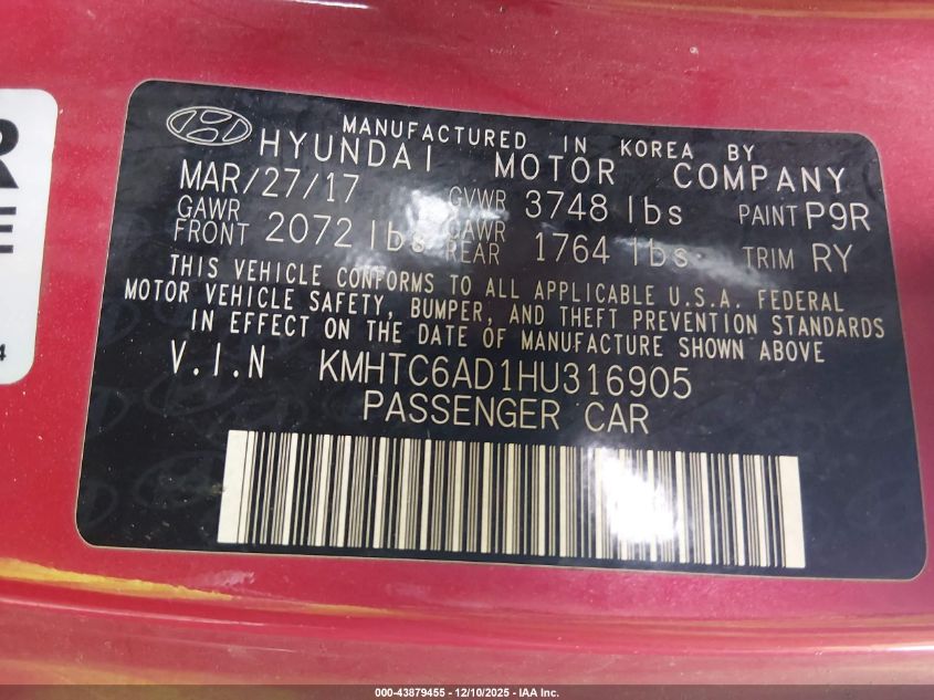 2017 Hyundai Veloster Value Edition VIN: KMHTC6AD1HU316905 Lot: 43879455