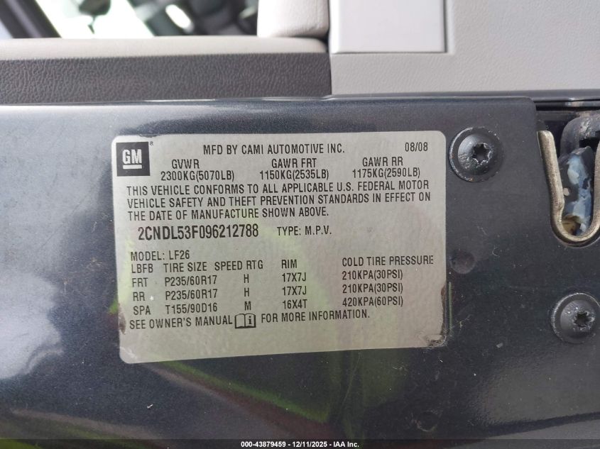 2009 Chevrolet Equinox Lt VIN: 2CNDL53F096212788 Lot: 43879459