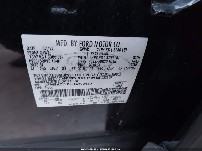 2013 Ford Explorer Xlt VIN: 1FM5K7D89DGA03433 Lot: 43879466