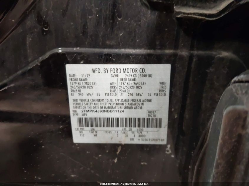 2022 Ford Edge St-Line VIN: 2FMPK4J93NBB11124 Lot: 43879469