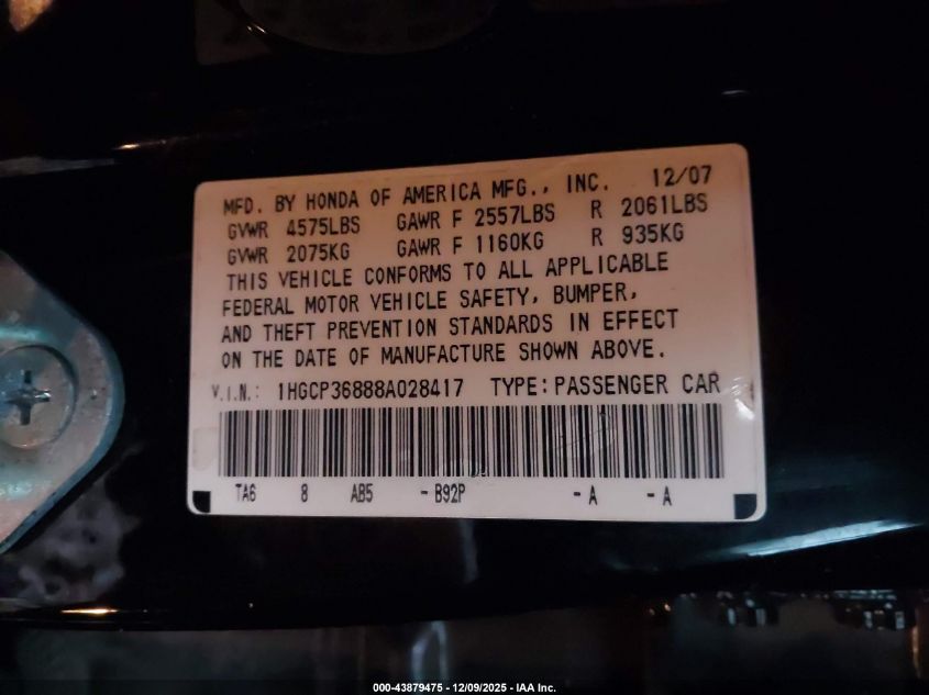 2008 Honda Accord 3.5 Ex-L VIN: 1HGCP36888A028417 Lot: 43879475