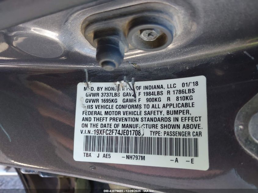 2018 Honda Civic Ex VIN: 19XFC2F74JE017085 Lot: 43879485