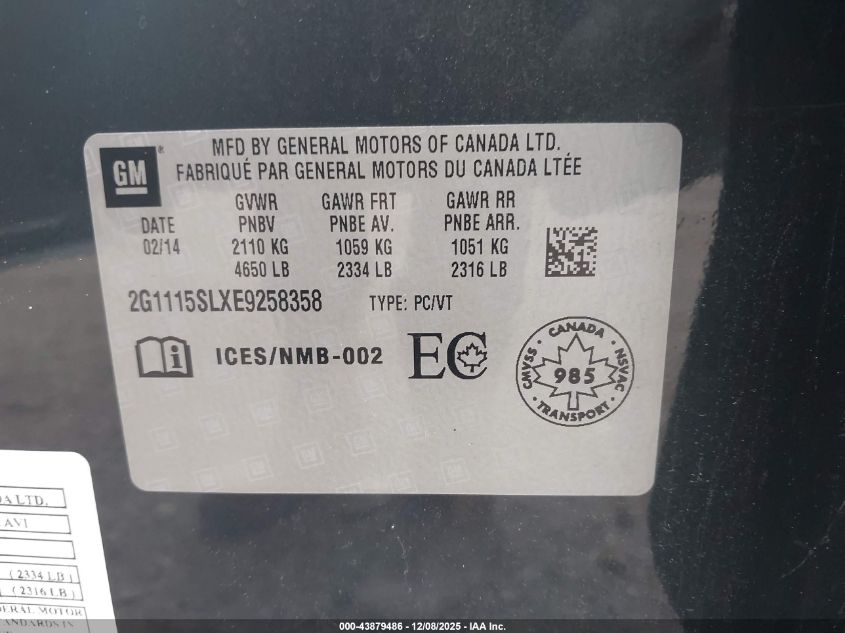 2014 Chevrolet Impala 1Lt VIN: 2G1115SLXE9258358 Lot: 43879486