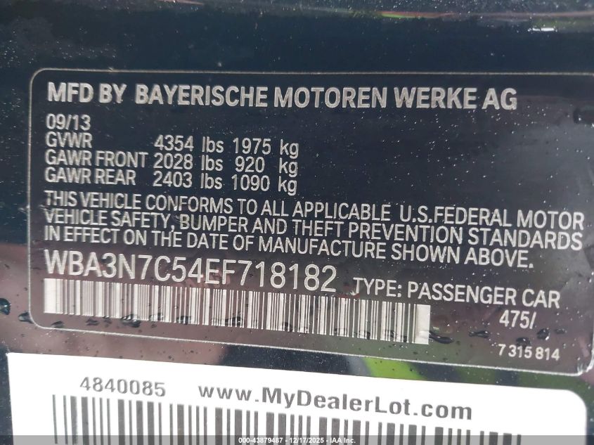 2014 BMW 428I VIN: WBA3N7C54EF718182 Lot: 43879487