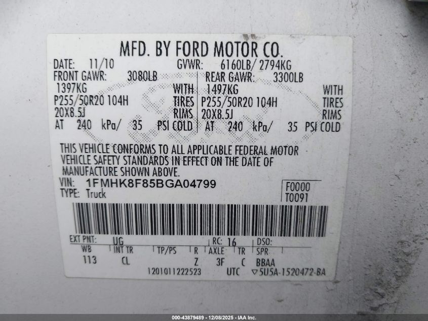 2011 Ford Explorer Limited VIN: 1FMHK8F85BGA04799 Lot: 43879489