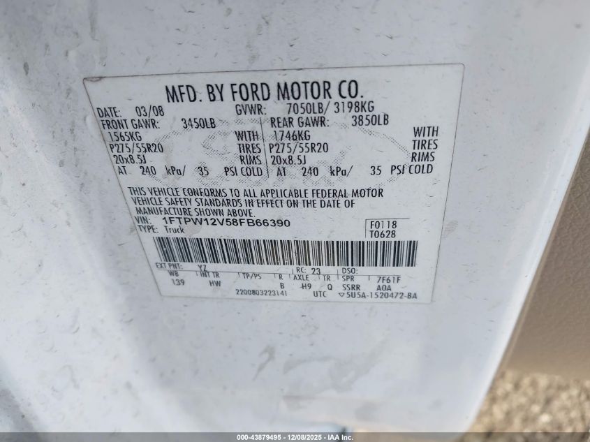 2008 Ford F-150 60Th Anniversary/Fx2/King Ranch/Lariat/Xlt VIN: 1FTPW12V58FB66390 Lot: 43879495