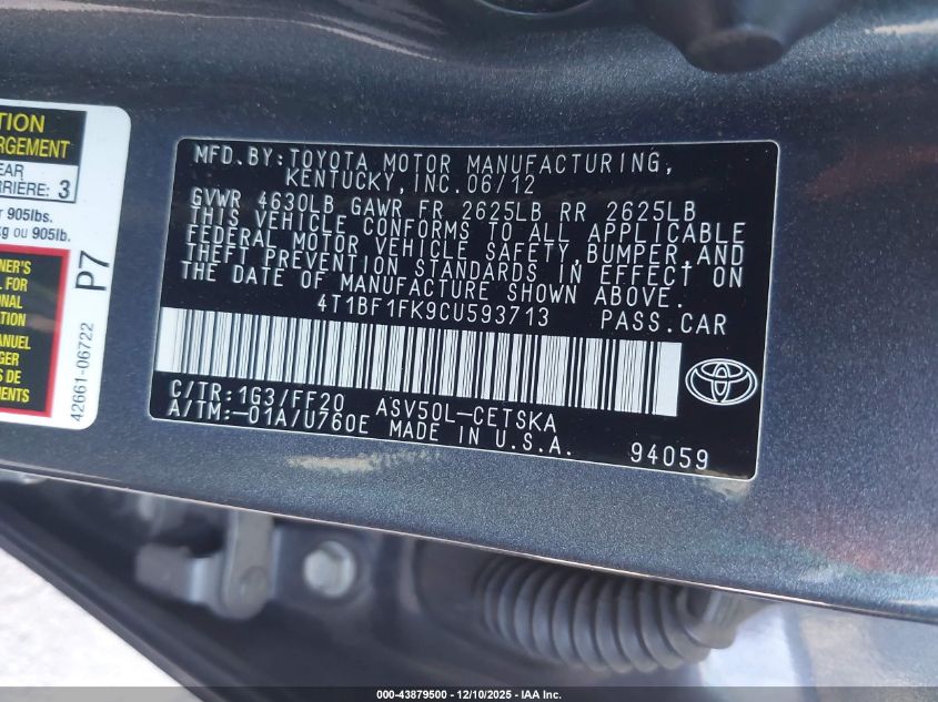 2012 Toyota Camry Se VIN: 4T1BF1FK9CU593713 Lot: 43879500