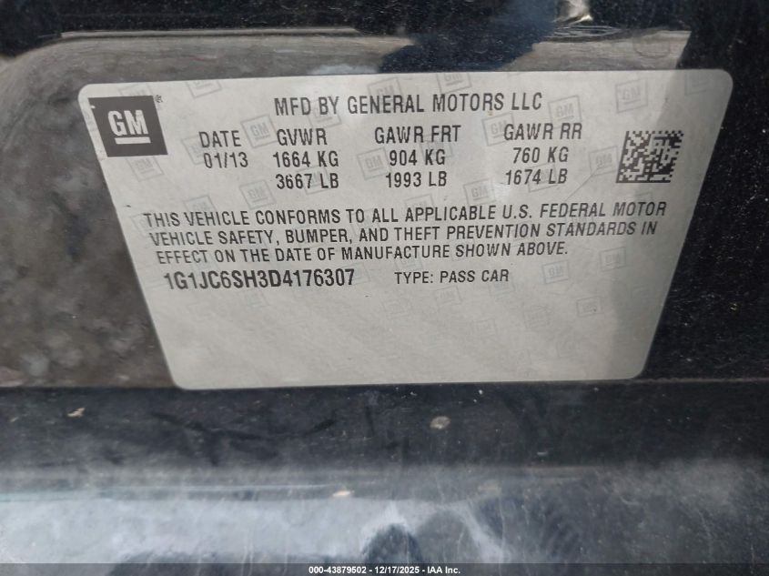 2013 Chevrolet Sonic Lt Auto VIN: 1G1JC6SH3D4176307 Lot: 43879502