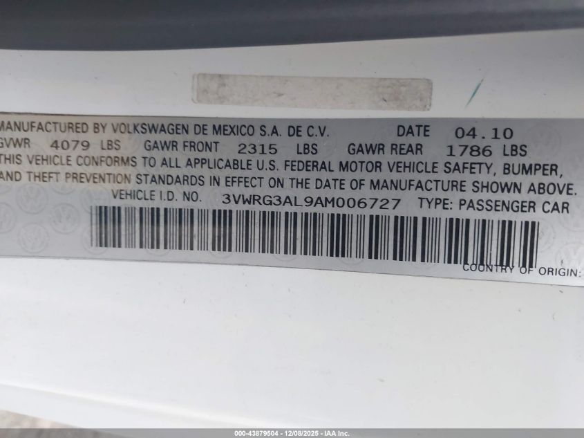 2010 Volkswagen New Beetle 2.5L VIN: 3VWRG3AL9AM006727 Lot: 43879504
