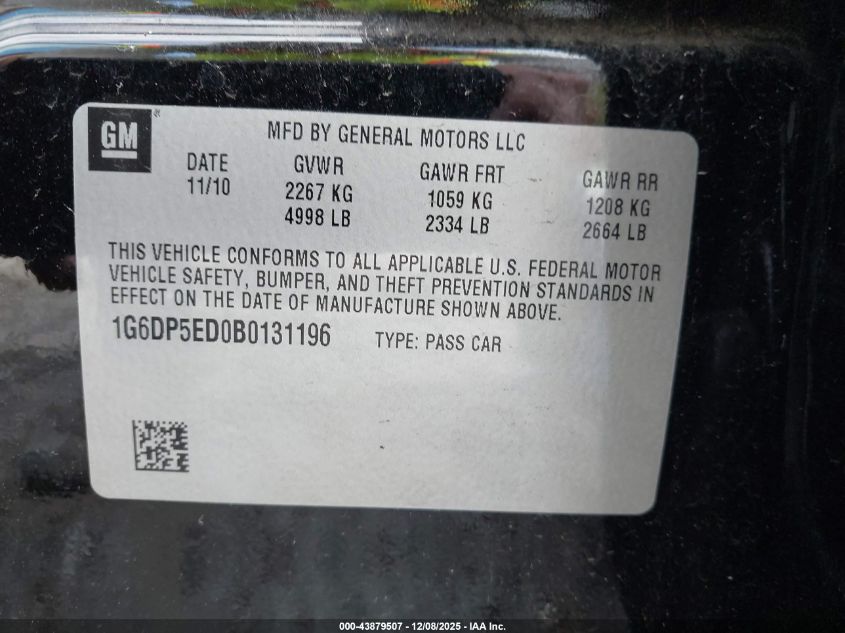 2011 Cadillac Cts Premium VIN: 1G6DP5ED0B0131196 Lot: 43879507