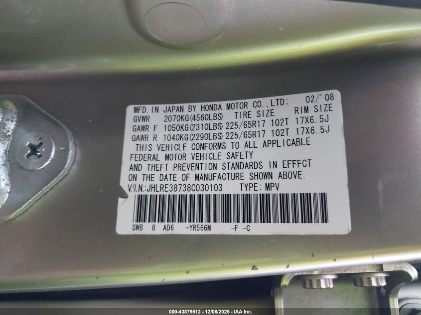 2008 Honda Cr-V Ex-L VIN: JHLRE38738C030103 Lot: 43879512