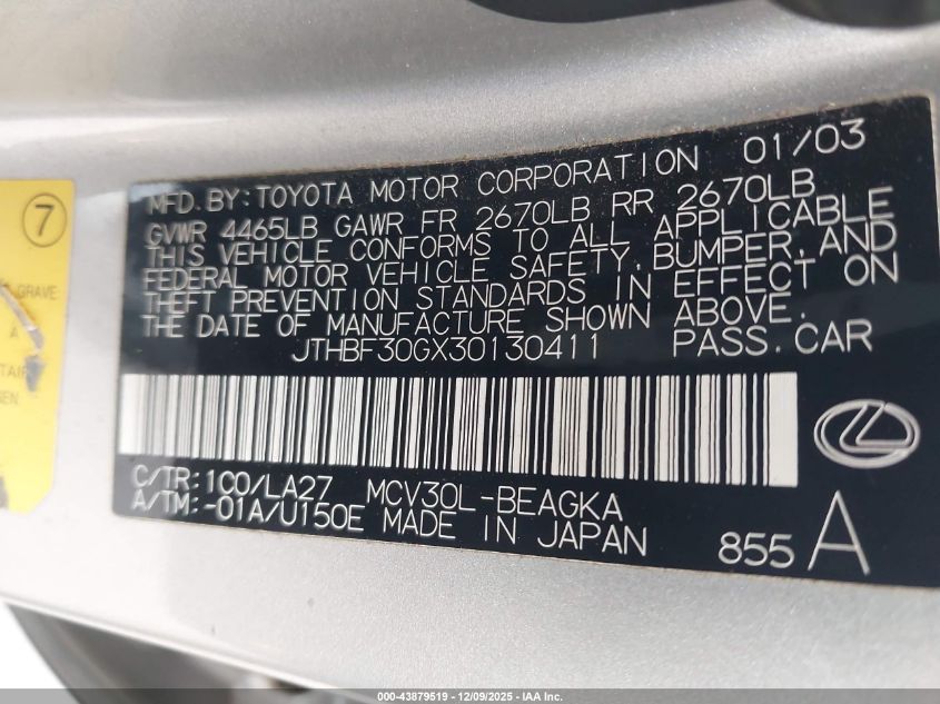 2003 Lexus Es 300 VIN: JTHBF30GX30130411 Lot: 43879519