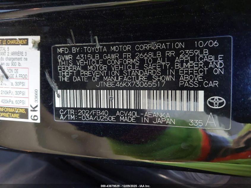 2007 Toyota Camry Le VIN: JTNBE46KX73065517 Lot: 43879529