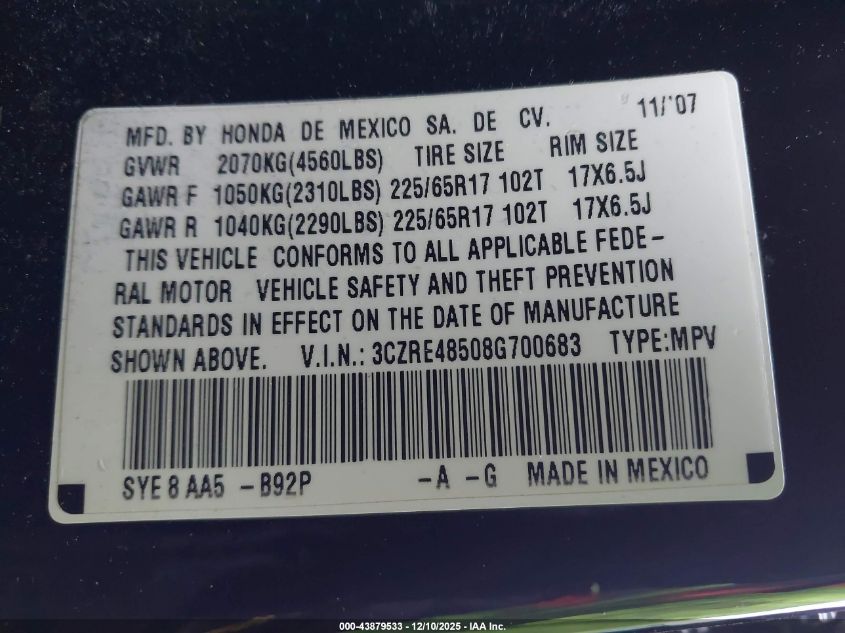 2008 Honda Cr-V Ex VIN: 3CZRE48508G700683 Lot: 43879533