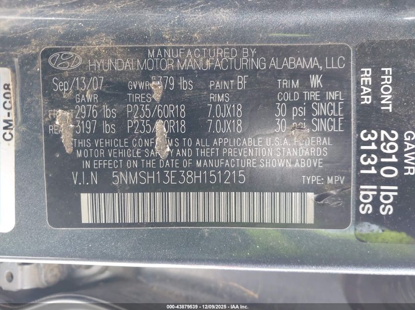 2008 Hyundai Santa Fe Limited/Se VIN: 5NMSH13E38H151215 Lot: 43879539