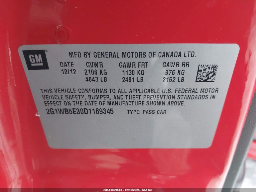 2013 Chevrolet Impala Lt VIN: 2G1WB5E30D1169345 Lot: 43879543