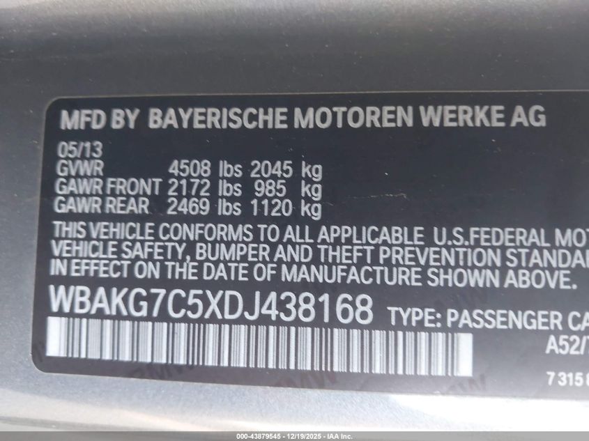 2013 BMW 335I VIN: WBAKG7C5XDJ438168 Lot: 43879545