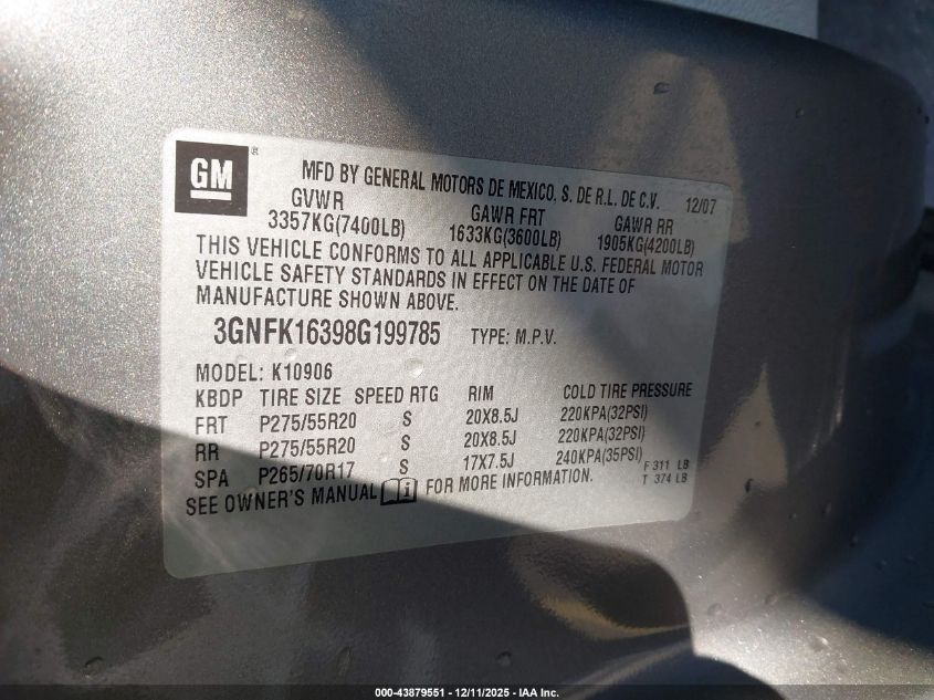 2008 Chevrolet Suburban 1500 Ltz VIN: 3GNFK16398G199785 Lot: 43879551