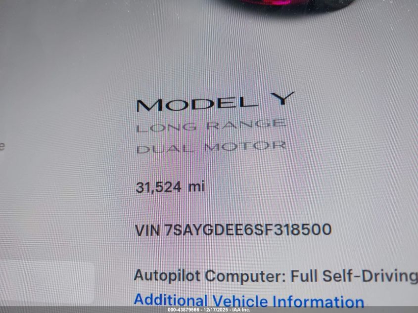 2025 Tesla Model Y Long Range Dual Motor All-Wheel Drive VIN: 7SAYGDEE6SF318500 Lot: 43879566