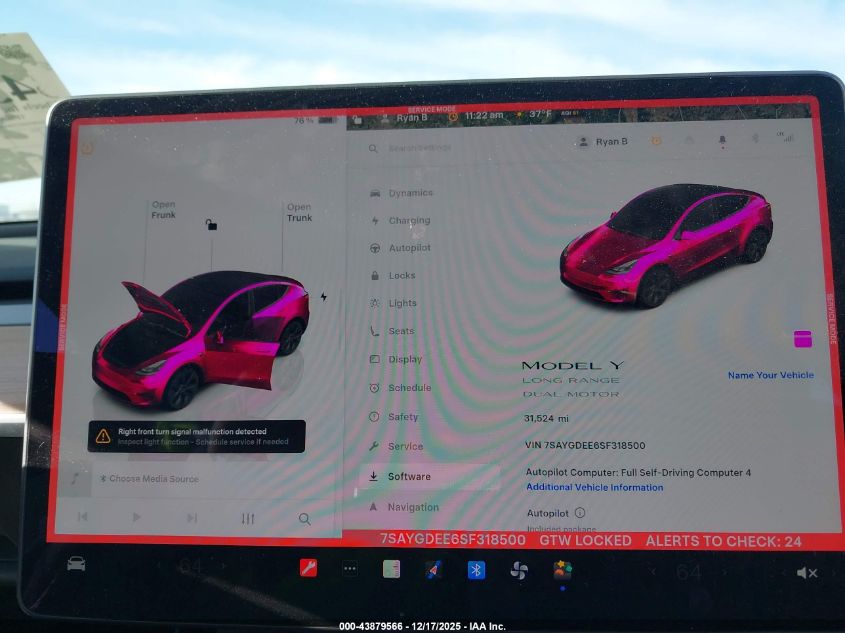 2025 Tesla Model Y Long Range Dual Motor All-Wheel Drive VIN: 7SAYGDEE6SF318500 Lot: 43879566