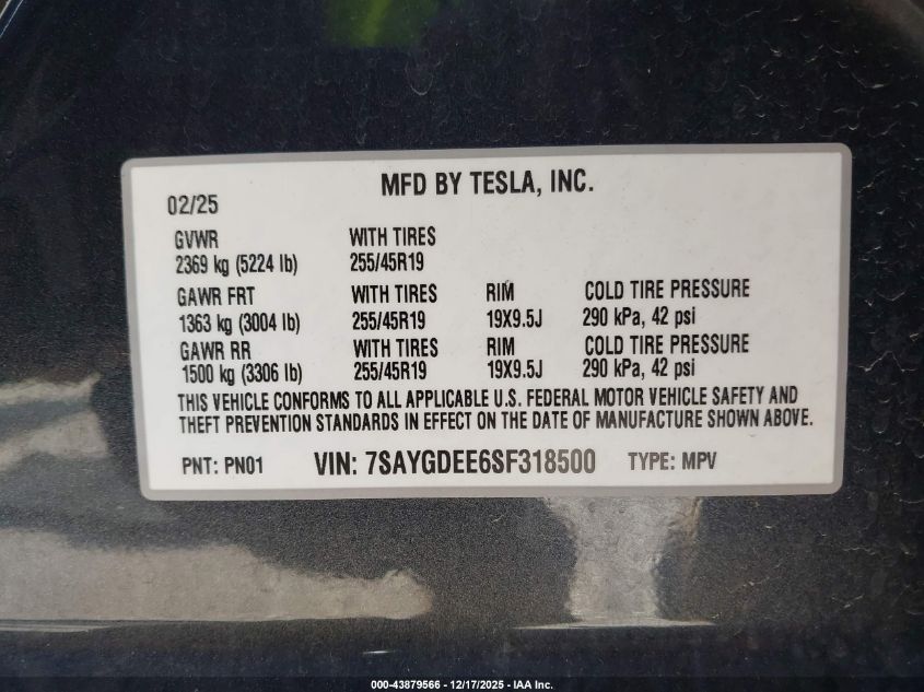 2025 Tesla Model Y Long Range Dual Motor All-Wheel Drive VIN: 7SAYGDEE6SF318500 Lot: 43879566