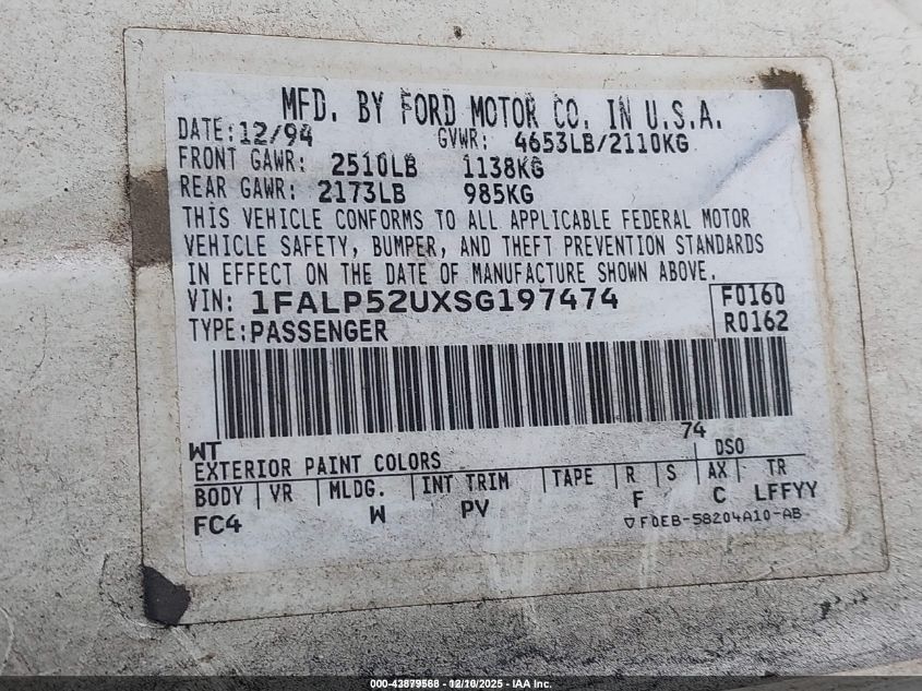 1995 Ford Taurus Gl/Se VIN: 1FALP52UXSG197474 Lot: 43879568