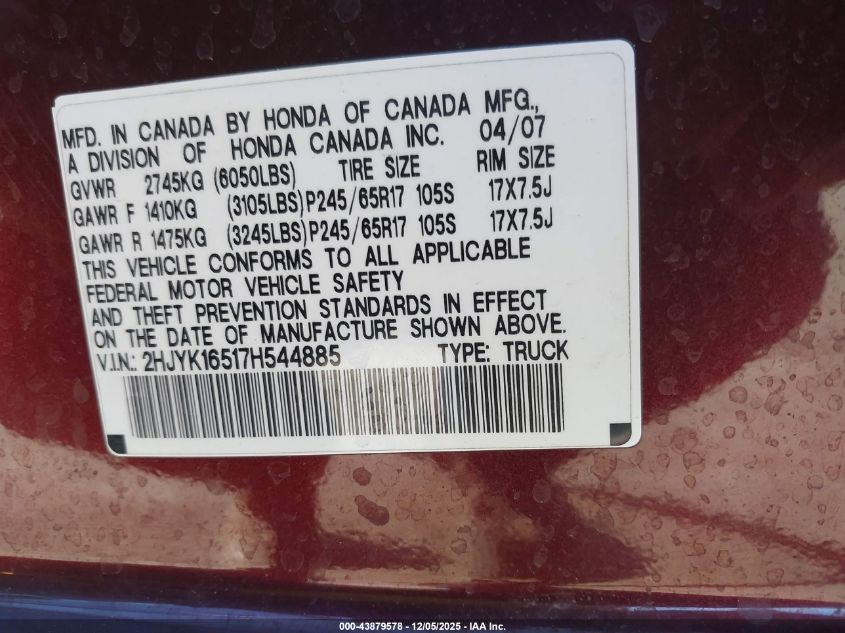2007 Honda Ridgeline Rtl VIN: 2HJYK16517H544885 Lot: 43879578