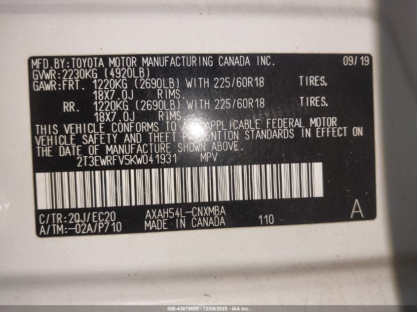 2019 Toyota Rav4 Hybrid Xse VIN: 2T3EWRFV5KW041931 Lot: 43879585