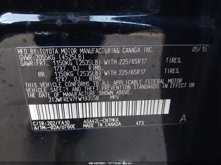 2015 Toyota Rav4 Xle VIN: 2T3WFREV7FW193558 Lot: 43879591
