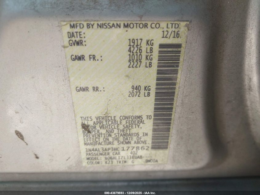 2017 Nissan Altima 2.5 Sv VIN: 1N4AL3AP3HC177862 Lot: 43879593