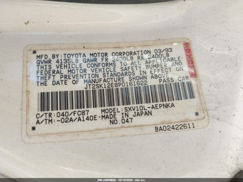 1993 Toyota Camry Le VIN: JT2SK12E8P0161622 Lot: 43879602