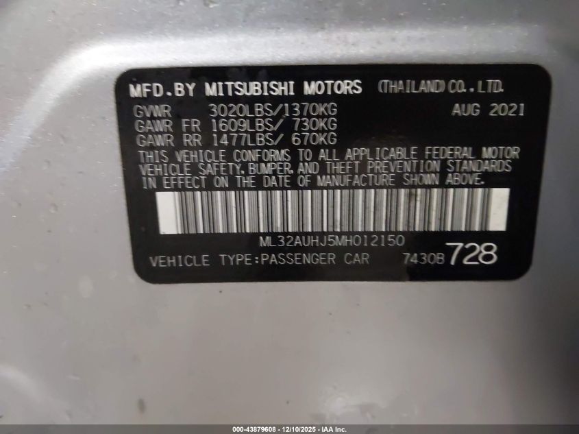 2021 Mitsubishi Mirage Carbonite Edition/Es/Le VIN: ML32AUHJ5MH012150 Lot: 43879608