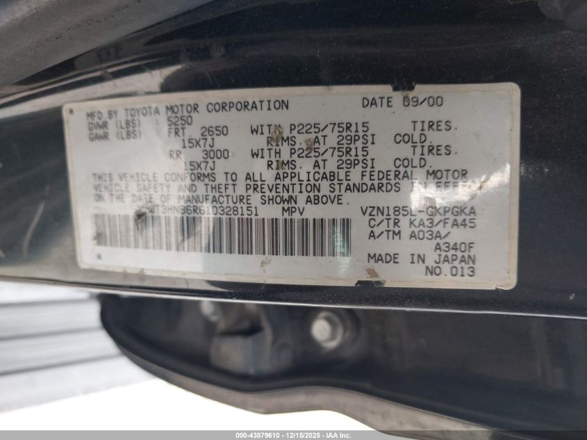 2001 Toyota 4Runner Sr5 V6 VIN: JT3HN86R610328151 Lot: 43879610