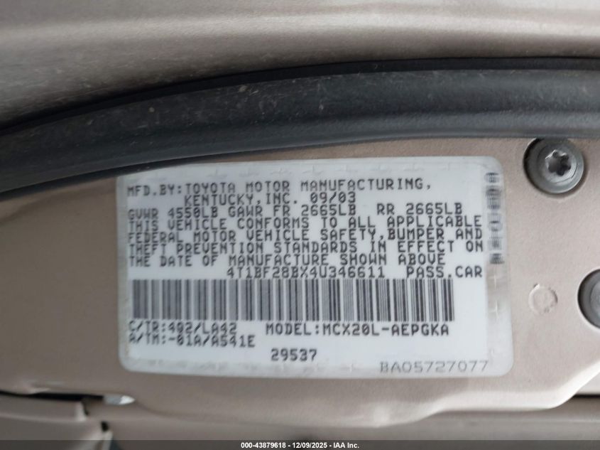 2004 Toyota Avalon Xls VIN: 4T1BF28BX4U346611 Lot: 43879618