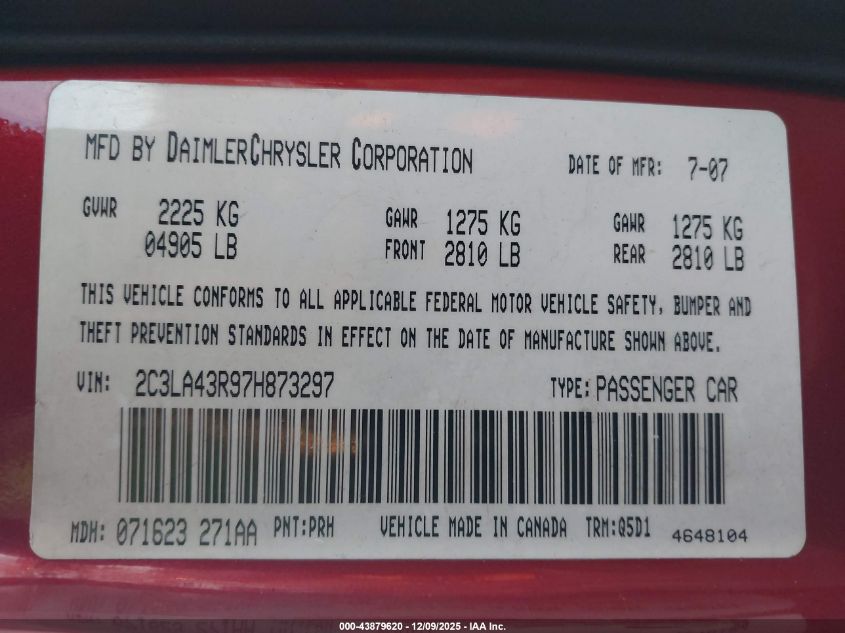 2007 Chrysler 300 VIN: 2C3LA43R97H873297 Lot: 43879620