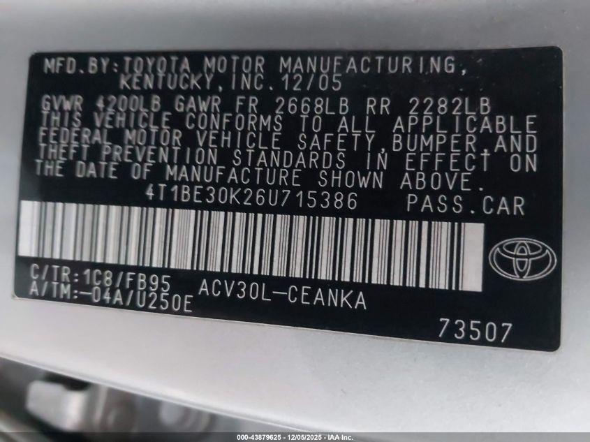2006 Toyota Camry Le VIN: 4T1BE30K26U715386 Lot: 43879625